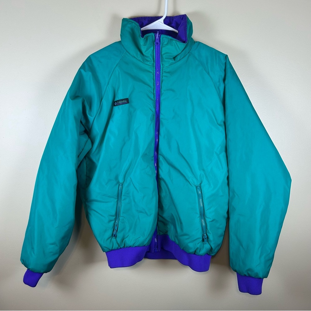 Vintage Columbia Jacket Mens Large Purple Turquoise Zip Up Outdoors Reversible